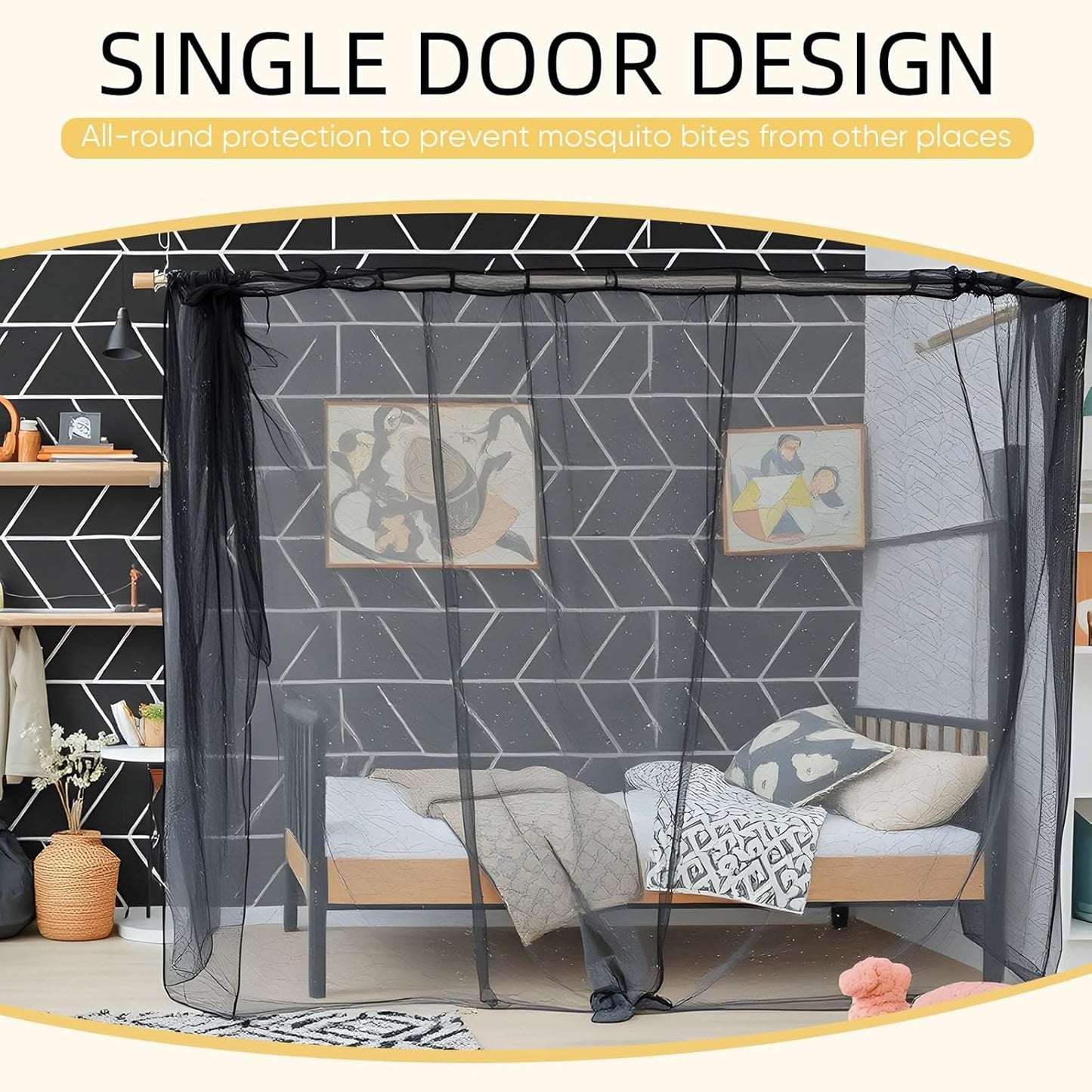4 Corners Mosquito Net for Mosquiteros para Camas Bed Canopies Netting Bed Drapes Rectangular Mosquito Mesh for Camping Home Outdoor Travel(Black,L78 X W71 X H67 Inch,Opening)