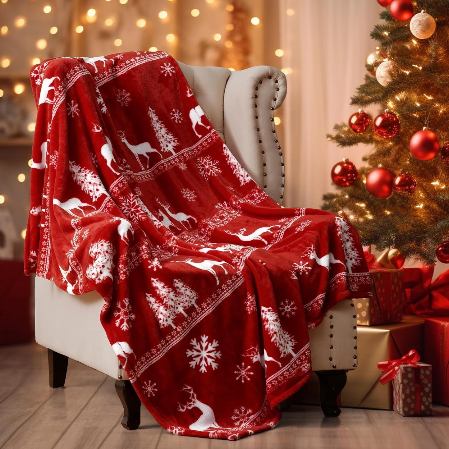 PHF Printed Fleece Throw Blanket, No Shed No Pilling Ultra Soft Plush Cozy Xmas Prints Theme Home Décor Flannel Blanket for Bed, Sofa, Couch and Gift, 50" x 60", Reindeer and Trees, Red
