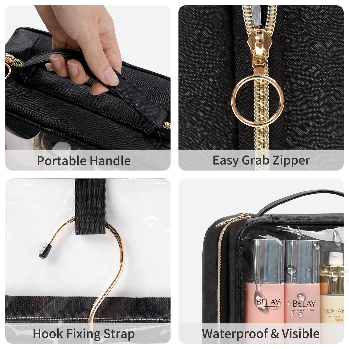 Toiletry Bag for Men, Clear Hanging Toiletries Bag for Travelling, Transparent Makeup Bag Organizer Portable Skincare Cosmetic Pouch for Women, 3 Compartment