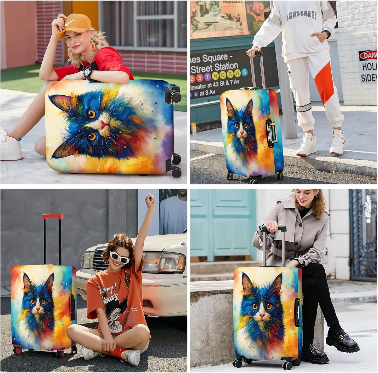 ANNA QUEEN Colorful Cat Luggage Cover, Artistic Blue Cat Design with Rainbow Colors, Stretchable, Washable Travel Sleeve for 32-34 Inch Suitcases