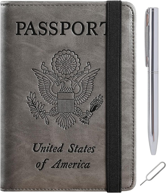Passport Holder Cover Wallet Travel Essentials RFID Blocking Leather Card Case International Must Haves Travel Accessories for Women Men(113#Grey)