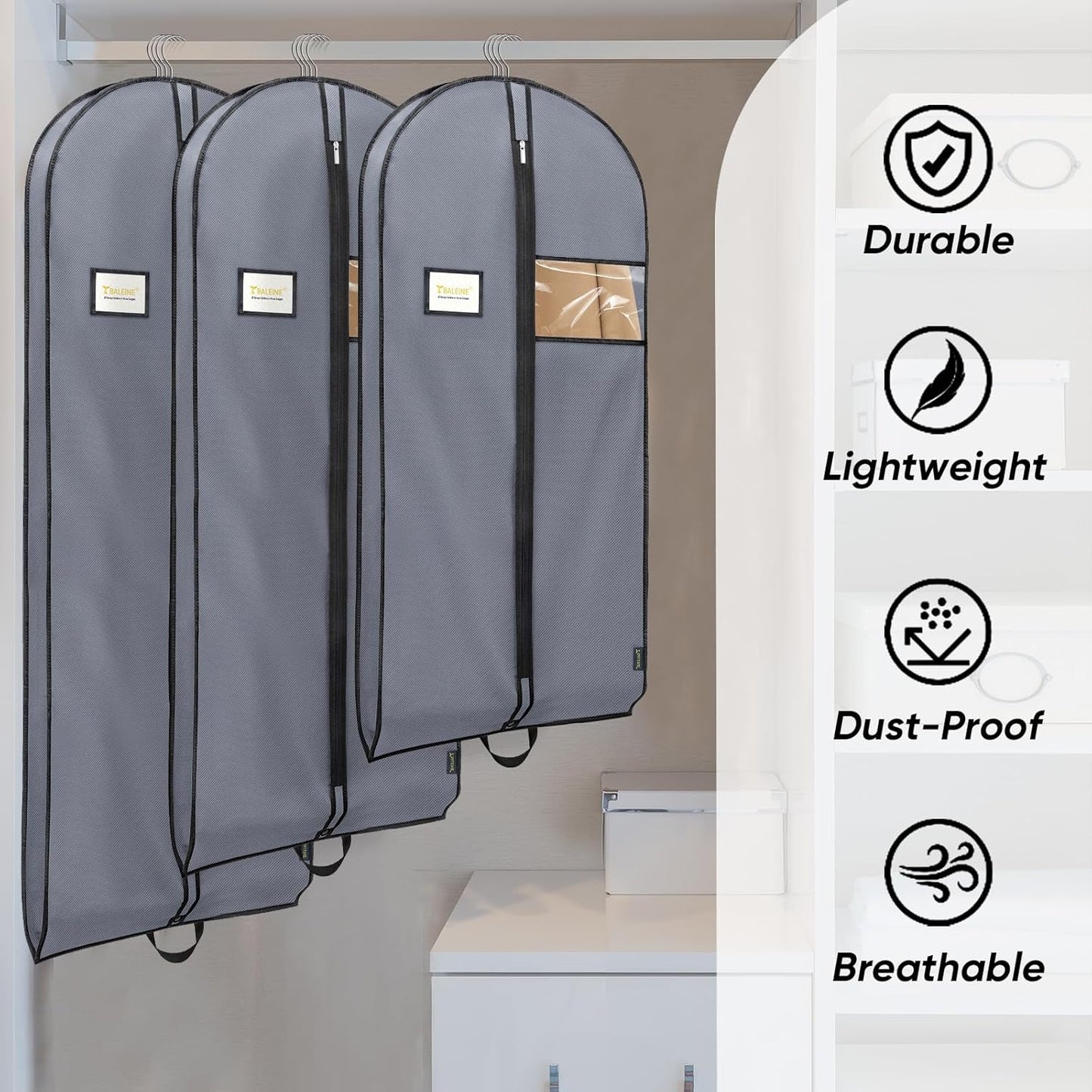 BALEINE 5PK Heavy Duty Garment Bag with Shoe Storage Travel Bag for Dresses, Suit, Coats Travel Essential (60", Grey)
