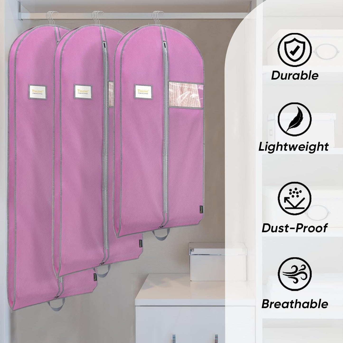 BALEINE 2PK Heavy Duty Garment Bag with Shoe Storage Travel Bag for Dresses, Suit, Coats Travel Essential (43", Pink)