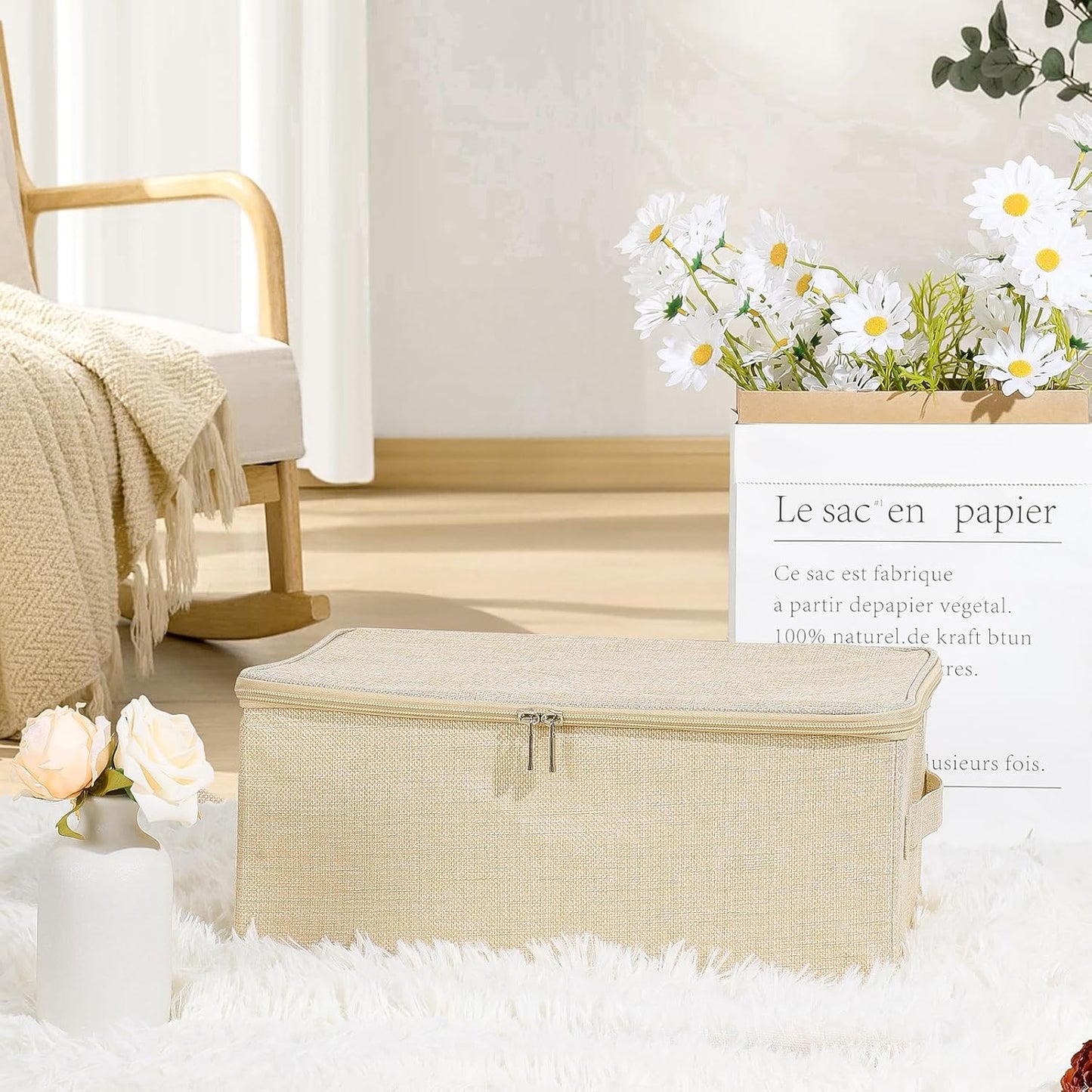 ANMINY 3PCS Storage Bins with Zipper Lids 13 Qt Lidded Fabric Storage Boxes Baskets Cubes with Handles Collapsible Washable Cotton Linen Closet Shelf Clothes Organizer Containers - Beige, Small