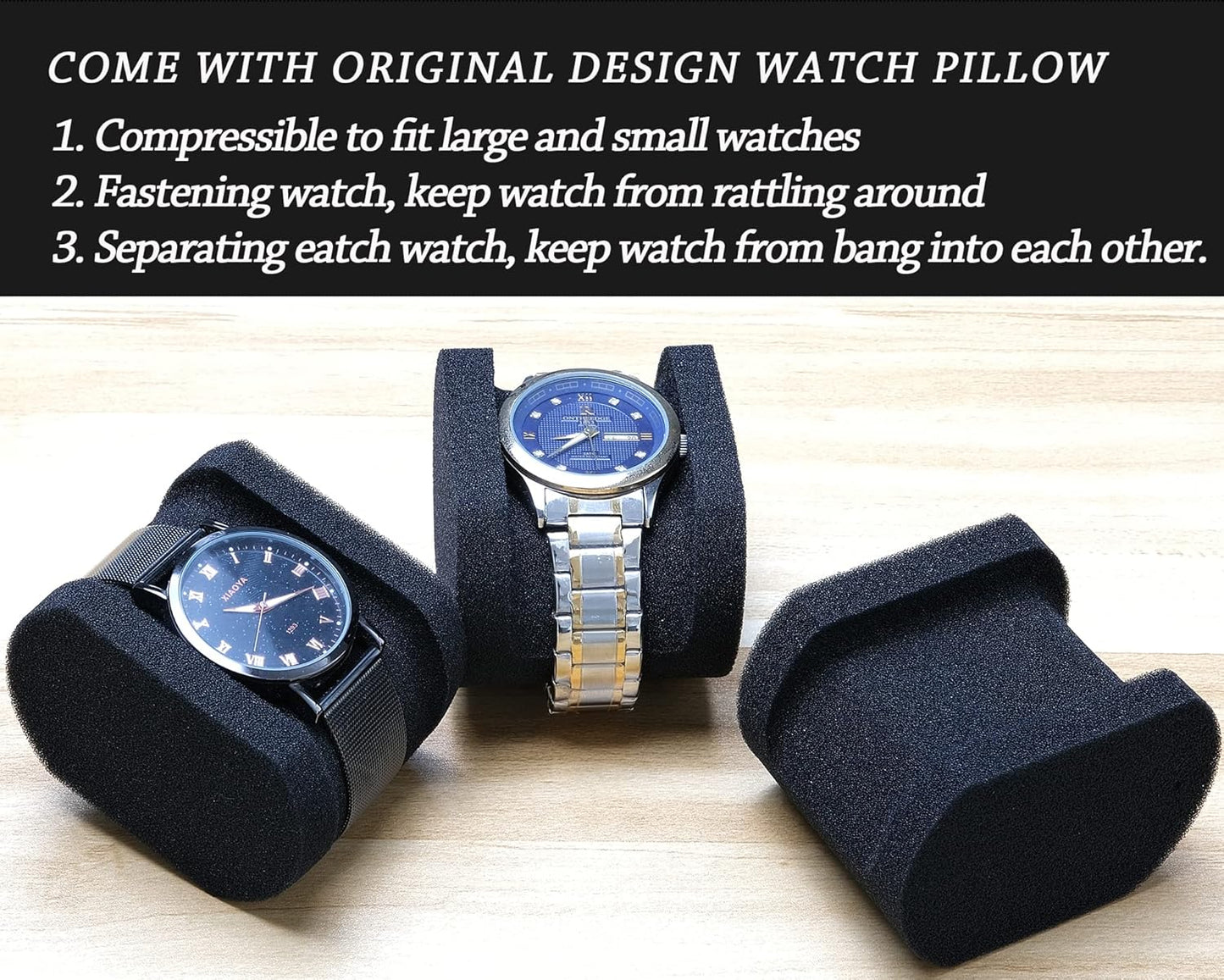 5 slots Hard men's watch travel case, Portable zipper storage organizer box with soft compressible foam pillow to fit large and small watches(Black, 5slot)