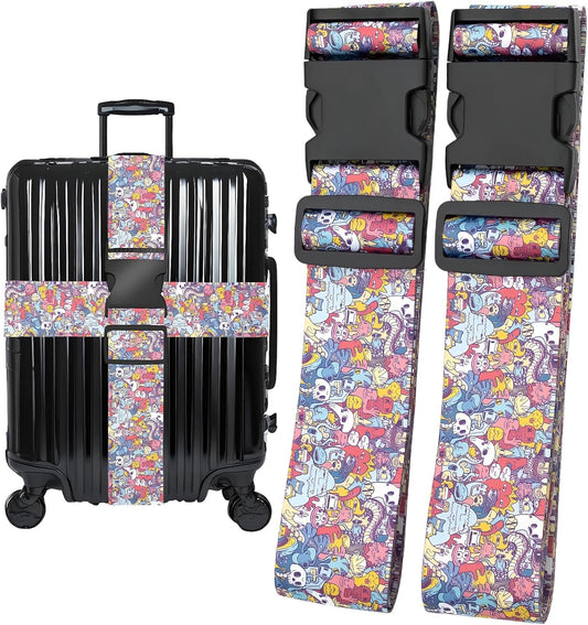 Monsters Luggage Straps for Suitcases, Adjustable Luggage Travel Belt to Keep Luggage Security While Travel, Strong Polyester Fabric, Easy-to-Recognize Funny Pattern Travel Essentials, 2 Pack