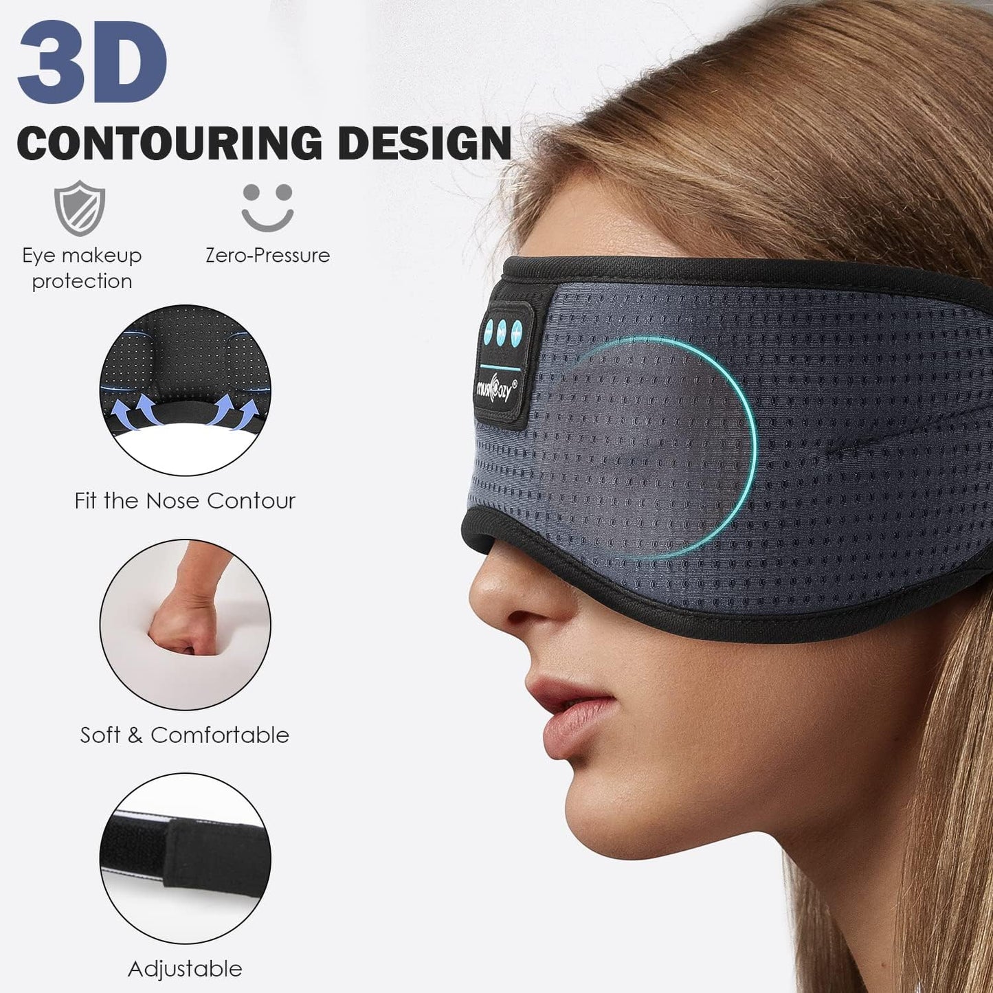 MUSICOZY White Noise Bluetooth Sleep Mask with 8 Soothing Sounds & 3D Wireless Sleep Headphones, Bluetooth Sleeping Headphones for Yoga Travel Office Relaxation, Tech Gadgets Gifts, Gray