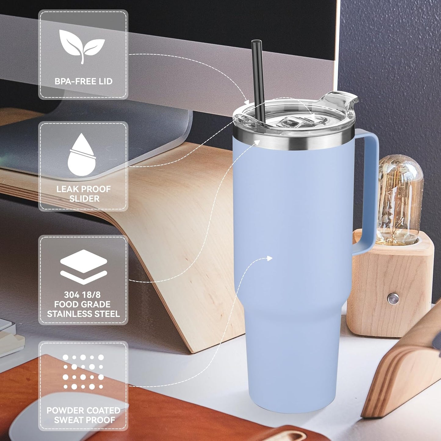 HASLE OUTFITTERS 40 oz Stainless Steel Tumbler with Handle, Vacuum Insulated Tumblers Bulk, Reusable Double Wall Travel Coffee Mug, Durable Powder Coated Water Bottle(Blue, 1)