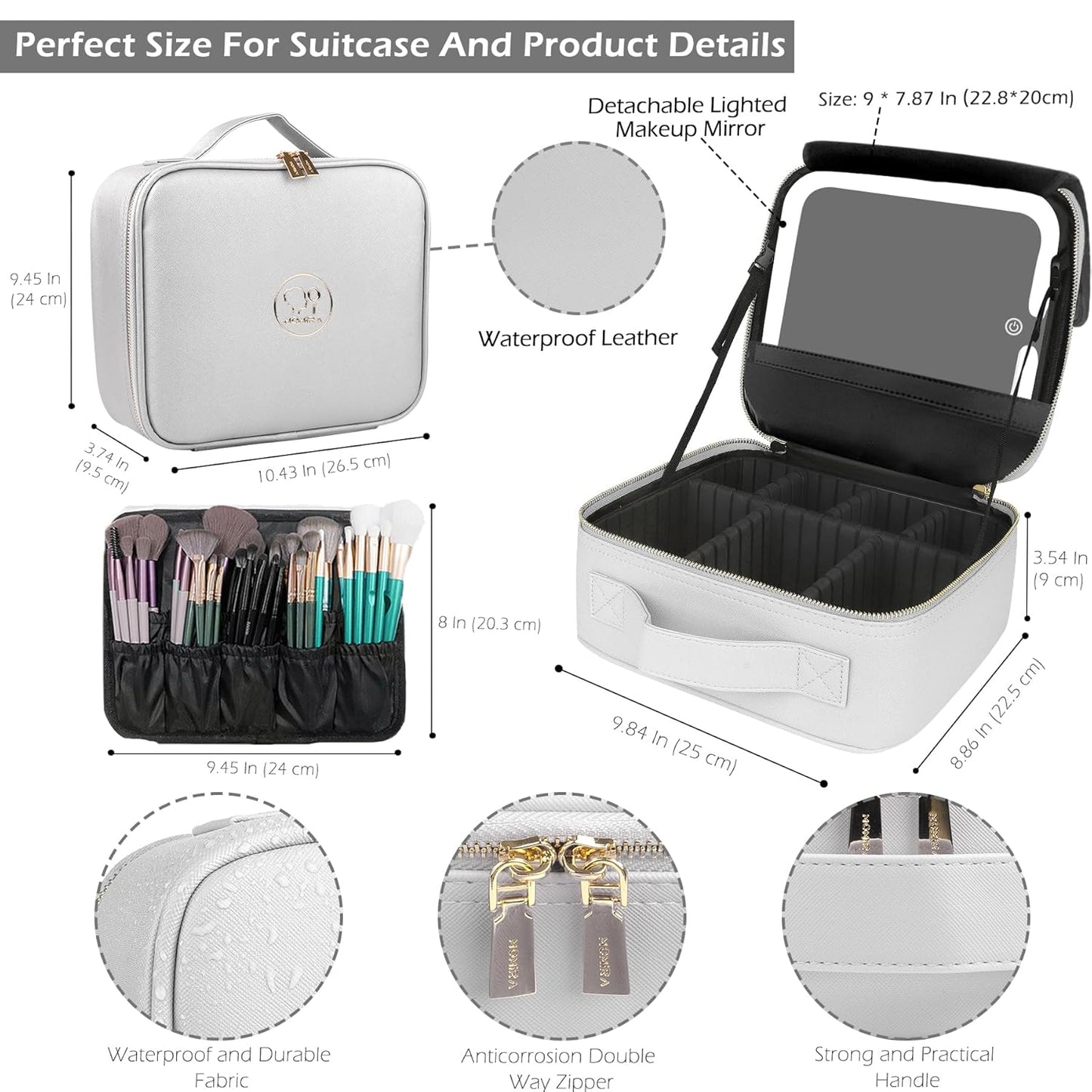 MOMIRA Travel Makeup Bag Cosmetic Bag Makeup Organizer Bag with Lighted Mirror, Adjustable Brightness in 3 Color Scenarios, Waterproof Makeup Train Case, Gift for Women - Silver