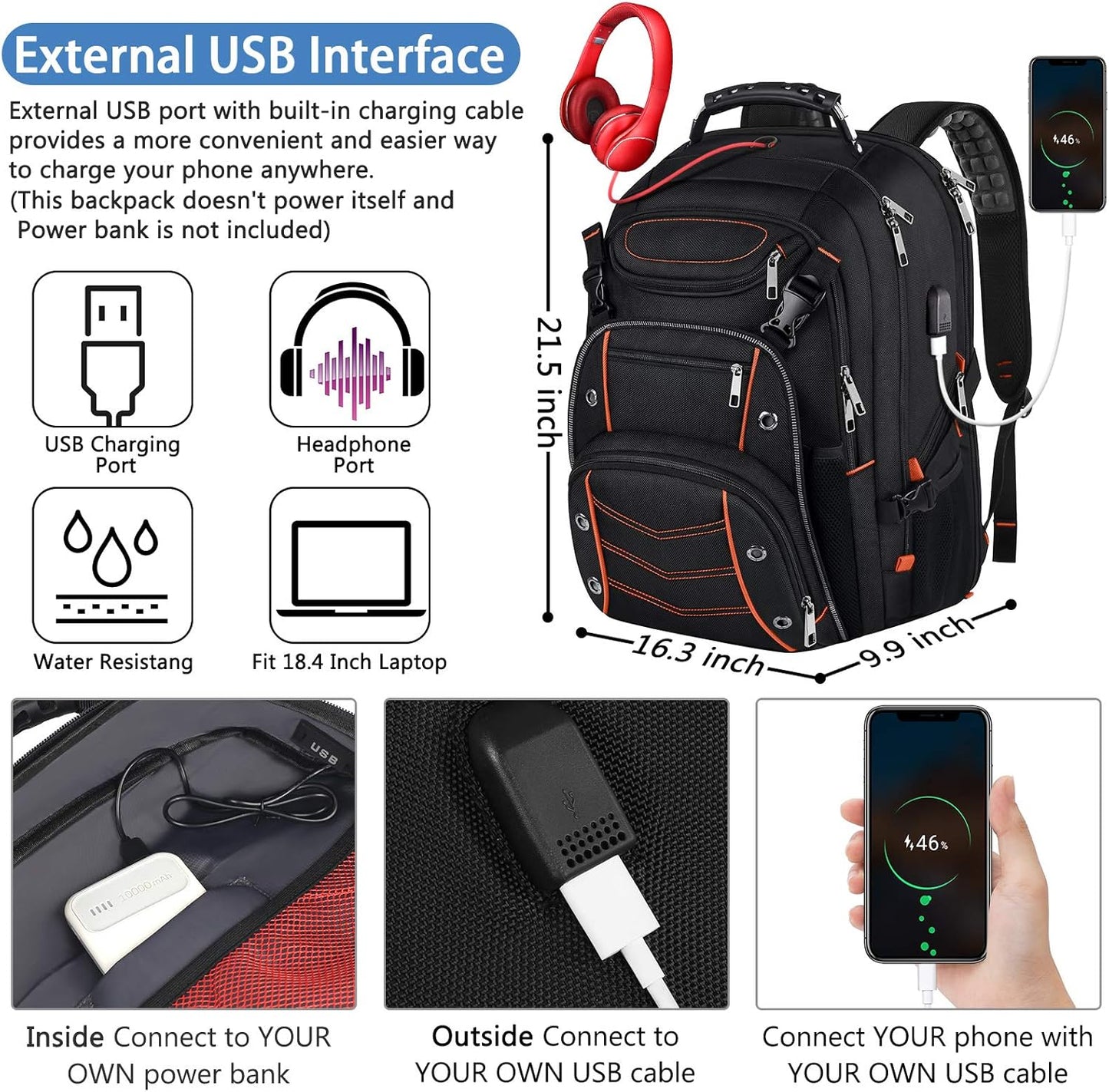 VECKUSON 18.4 Laptop Backpack for Men, 55L Extra Large Gaming Laptops Backpack with USB Charger Port,TSA Friendly Flight Approved and RFID Anti-Theft Pocket