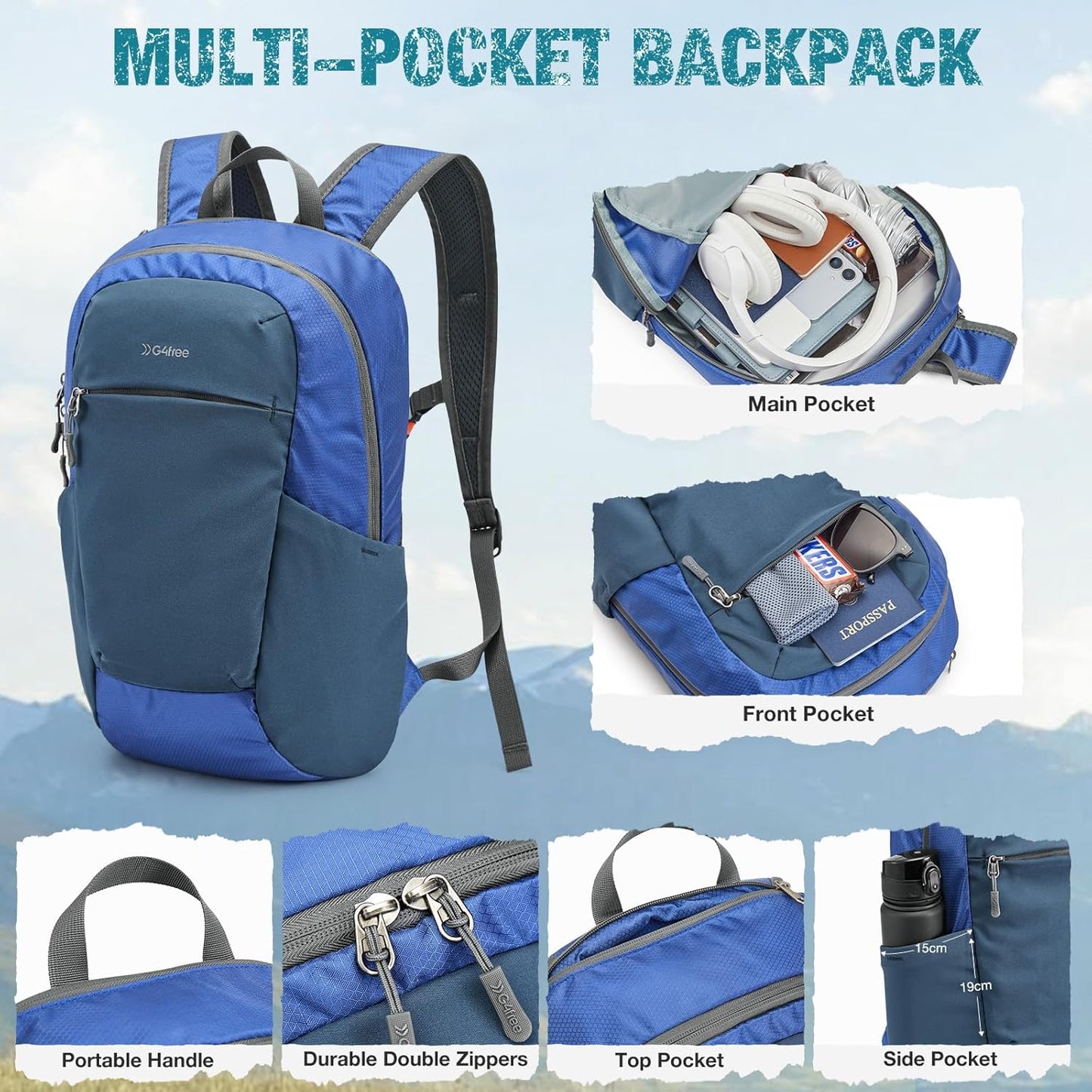G4Free Packable Hiking Backpack 20L Lightweight Foldable Travel Daypack with Thickened Back Panel for Men Women(Blue)