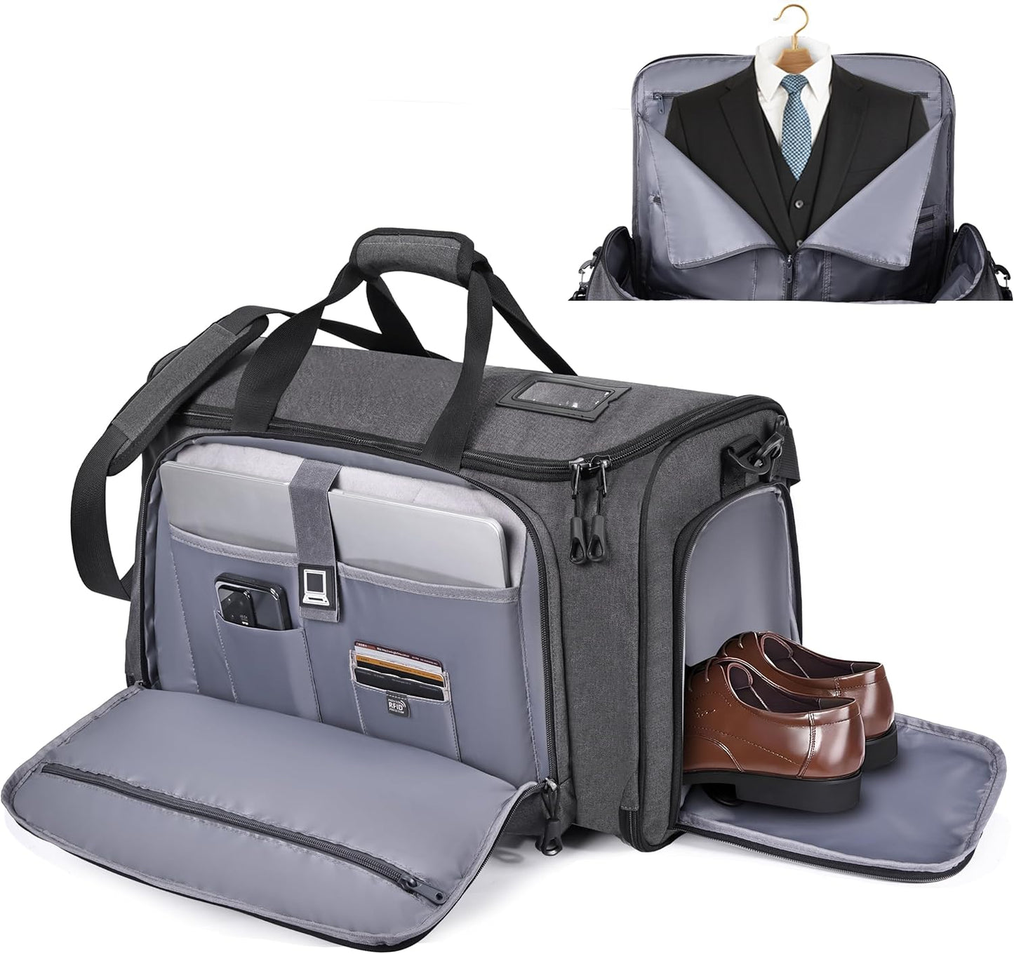 Travel Garment Duffle Bag with Laptop Compartment, RFID Blocking Convertible Suit Bag Name Tap Pocket Carry On 2 in 1 Hanging Suit Travel Duffel Work Pouch