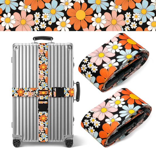 Orange Daisy Luggage Straps for Suitcases TSA Approved, Luggage Identifiers for Suitcase, Adjustable Suitcase Strap for Baggage Security with Cute Patten, Travel Necessary Accessories (2 Pack)
