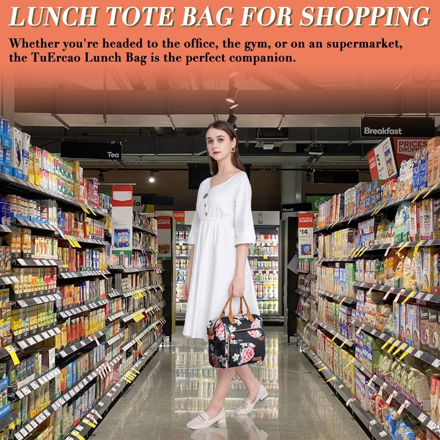 TuErCao Lunch Box for Women Adult Insulated Lunch Bag for Female Teacher Nurse Mom, Fashion Ladies Lunch Tote Bag for Work, Peony