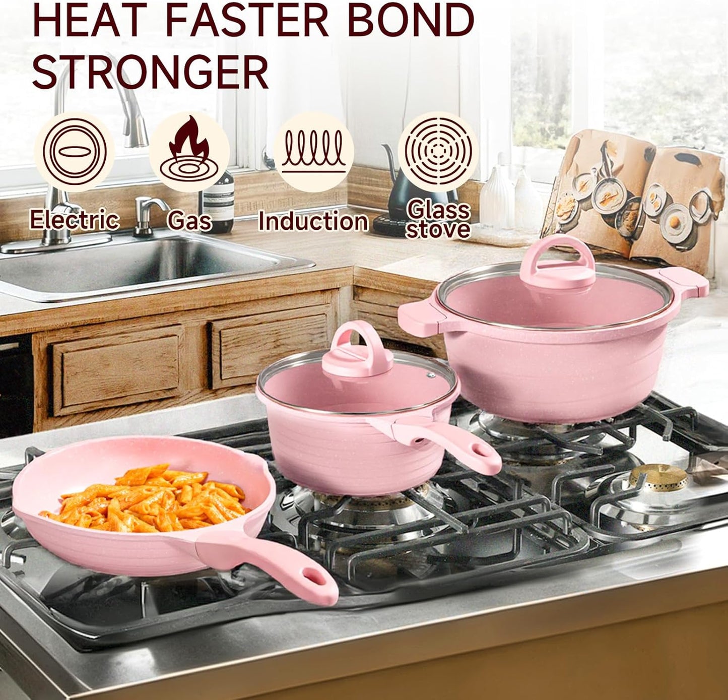 JEETEE Pink Pots and Pans Set Nonstick 23pcs, Healthy Kitchen Cookware Sets, Induction Cooking Set Pink Frying Pans, Saucepans, Sauté & Griddle & Crepe Pan (PFOA Free)