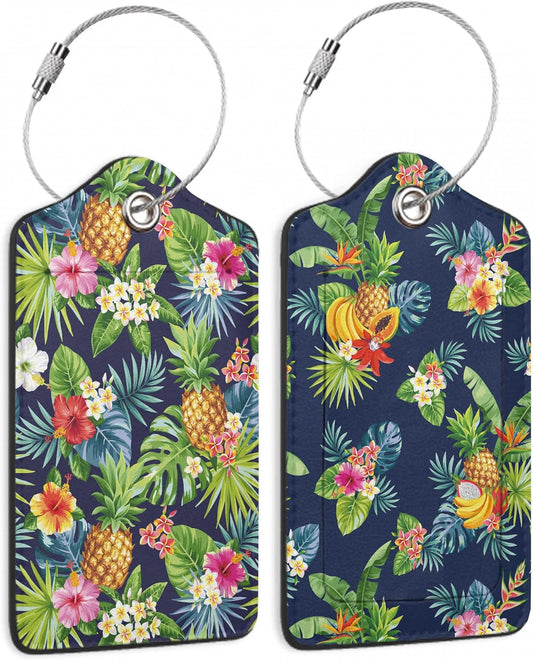 Tropical Pineapples Luggage Tags for Suitcases,2 Pack Palm Leaves Flowers Luggage Tag,Leather Stainless Steel Loop Label Tag for Women Men Girls Travel Bag Suitcase