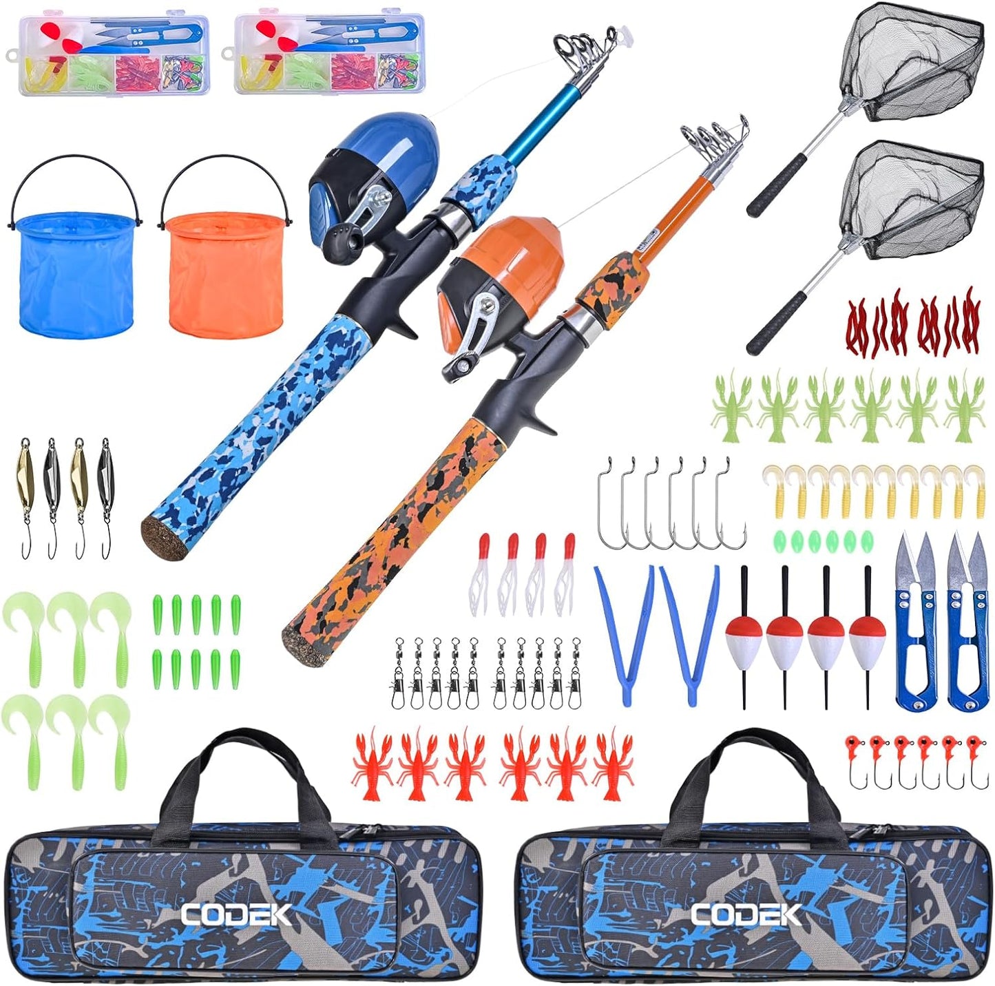 CODEK Kids Fishing Pole Set with Full Starter Kits 2 Set Portable Telescopic Fishing Rod and Reel Cambos for Boys Girls Toddler Youth Age Beginner Little Children Junior Anglers