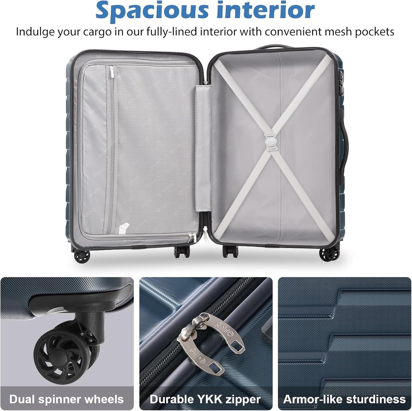Coolife Larage Luaggage Hardside Expandable Suitcase with Spinner Wheels Checked 28-Inch（Teal Blue）