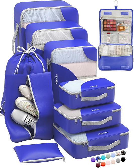 ALL INCLUDED 10 Set Durable Packing Cubes for Suitcases,OlarHike Essentials for Travel, UPGRADED Anti-Tear Stitching, NEW Improved Luggage Packing Organizers for Travel Accessories (Klein Blue)