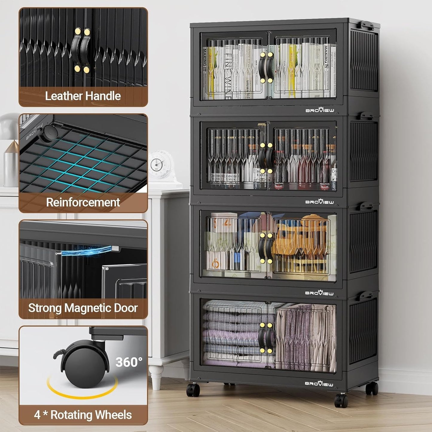 BROVIEW 240Qt Stackable Storage Bins with Lid, Extra Large Closet Organizer Collapsible Drawer Boxes with Wheels, Folding Plastic Cabinet Containers for Home Kitchen Room Organization, 4Pack Black