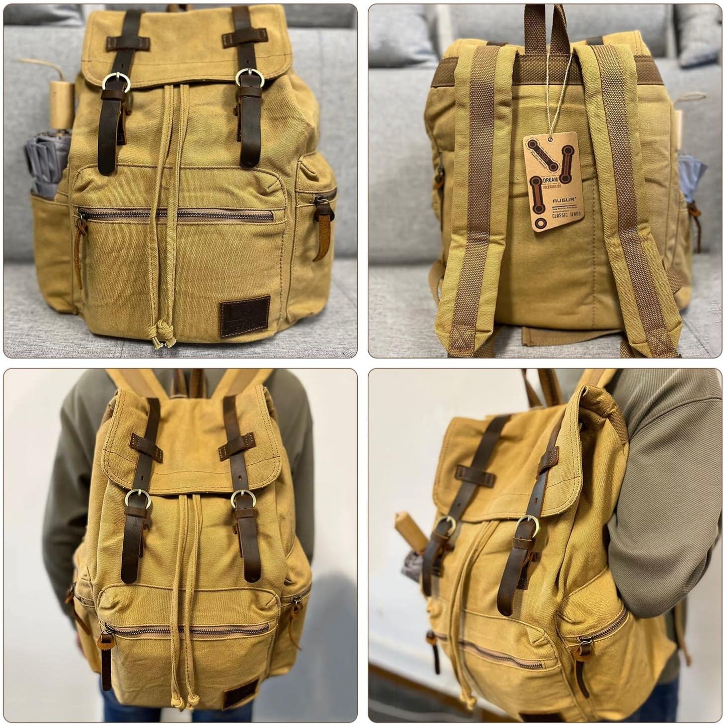 AUGUR High Capacity Canvas Vintage Backpack - for School Travel 12-15" Laptop Backapcks for Men Casual Daypacks Rucksack (M-Khaki)