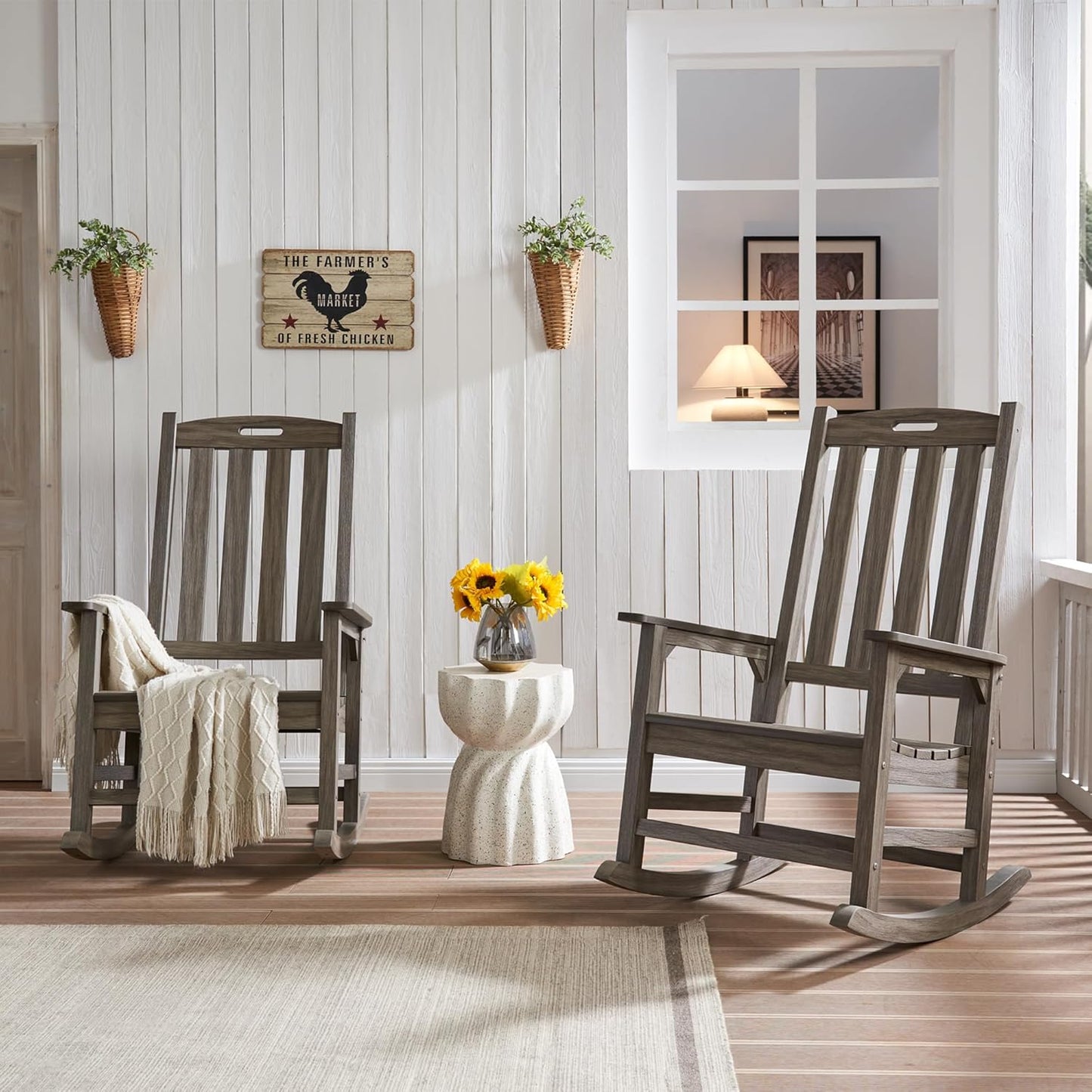 Psilvam Outdoor Rocking Chair Set of 2, Poly Lumber Oversized Rocking Chair with 21" Wide Seat and 32" Tall Backrest, Pre-Assembled with Most Components for Effortless Installation(Light Gray)
