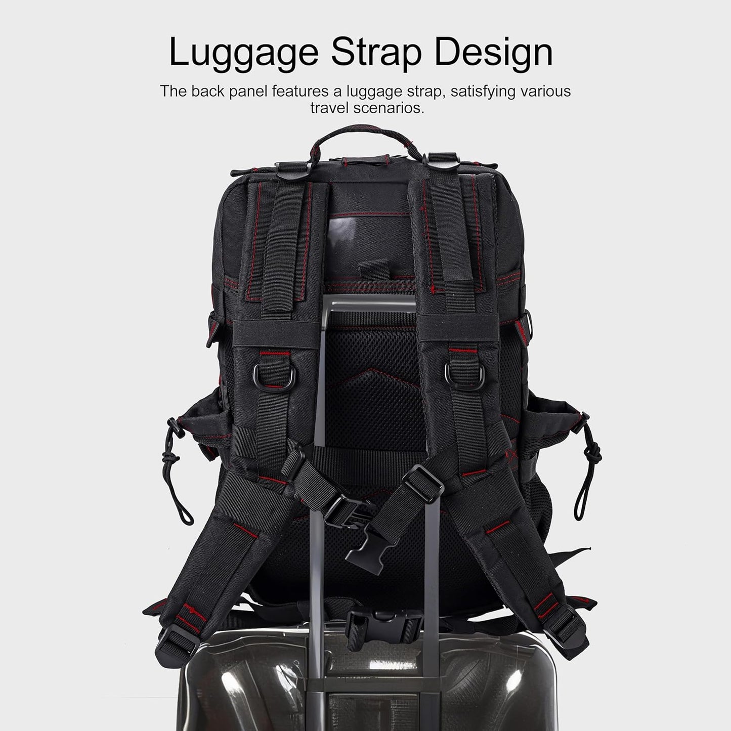 LHI Military Tactical Backpack for Men and Women 45L Army 3 Days Assault Pack Bag Large Rucksack with Shoe Compartment - Black red line