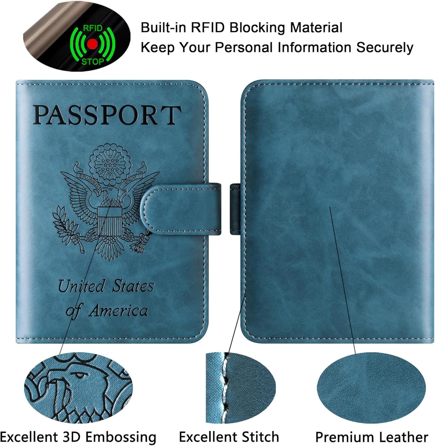 Passport Holder Cover Wallet Travel Essentials Leather Rfid Blocking Case Vacation Luggage Must Haves Travel Accessories for Men Women (120#Blue)