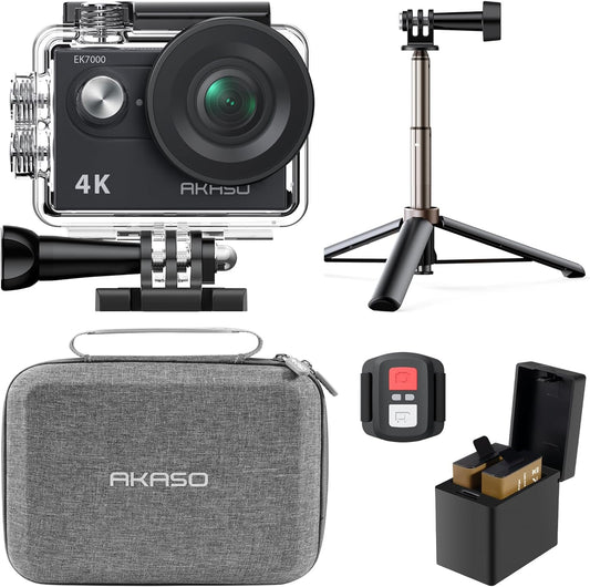 AKASO EK7000 4K30fps Action Camera with Mini Selfie Stick Tripod and Carrying Case Bundle EIS 131ft Waterproof Camera 4X Zoom Remote Control 20 MP Underwater Camera