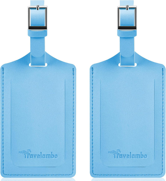 Travelambo Luggage Tags for Suitcases Faux Leather Privacy Protection 2 Pack Bag Tags Travel Accessories Essential, Light Blue