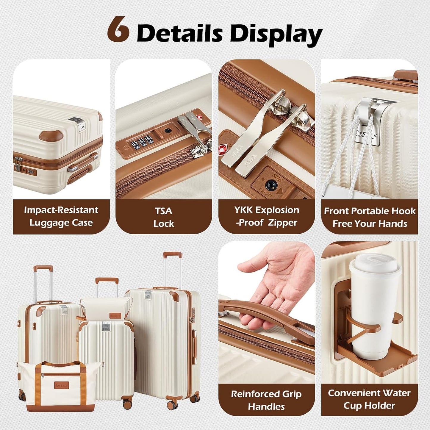 Luggage Set with PC+ABS Hardshell TSA Lock Spinner Wheels Carry on Lightweight Suitcase，YKK Zippers,Cup Holder(Beige, Carry-on 20 Inch)