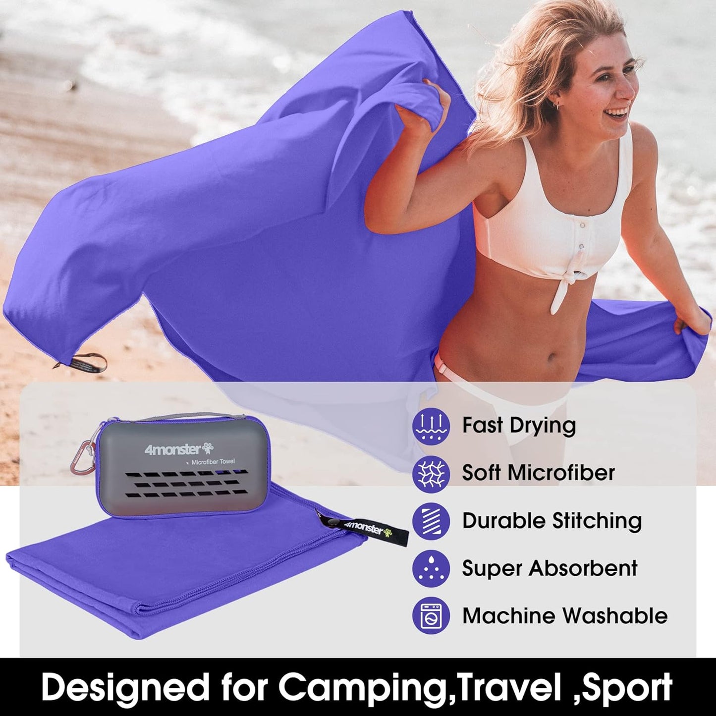 4Monster Camping Towels Super Absorbent, Fast Drying Microfiber Travel Towel, Quick Dry Ultra Soft Compact Gym Towel for Swimming Beach Hiking Yoga Travel Sports Backpack (47.00" x 23.60", Purple)