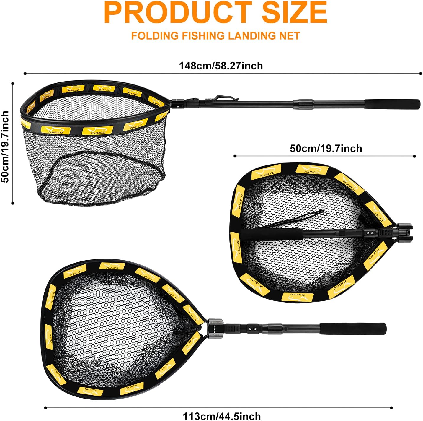 PLUSINNO Floating Fishing Net for Steelhead, Salmon, Fly, Kayak, Bass, Trout Fishing, Catfish, Rubber Coated Landing Net for Easy Catch & Release for Easy Transportation & Storage