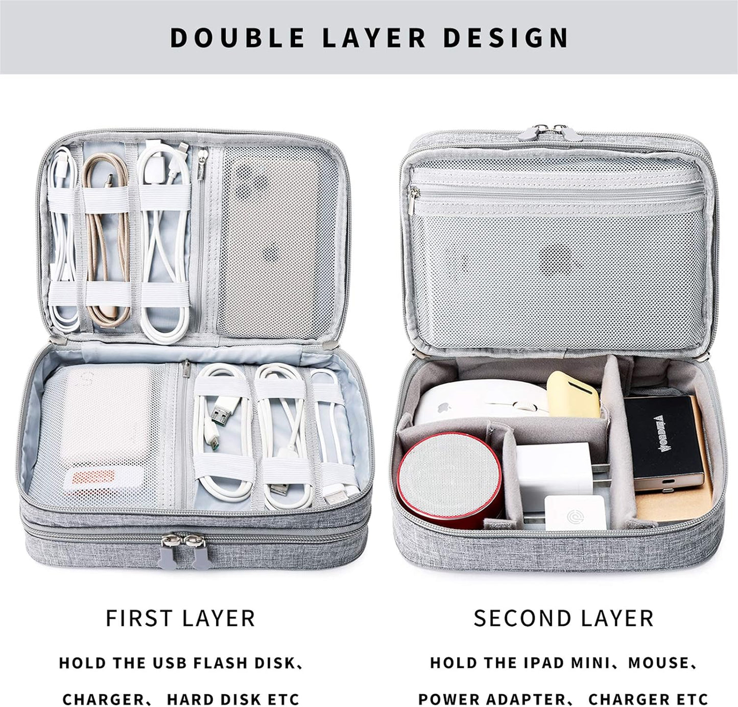 mygreen Electronics Organizer, Electronic Accessories Double Layer Travel Cable Organizer Cord Storage Bag for Cables, Power Bank, USB Flash Drive and More Gray