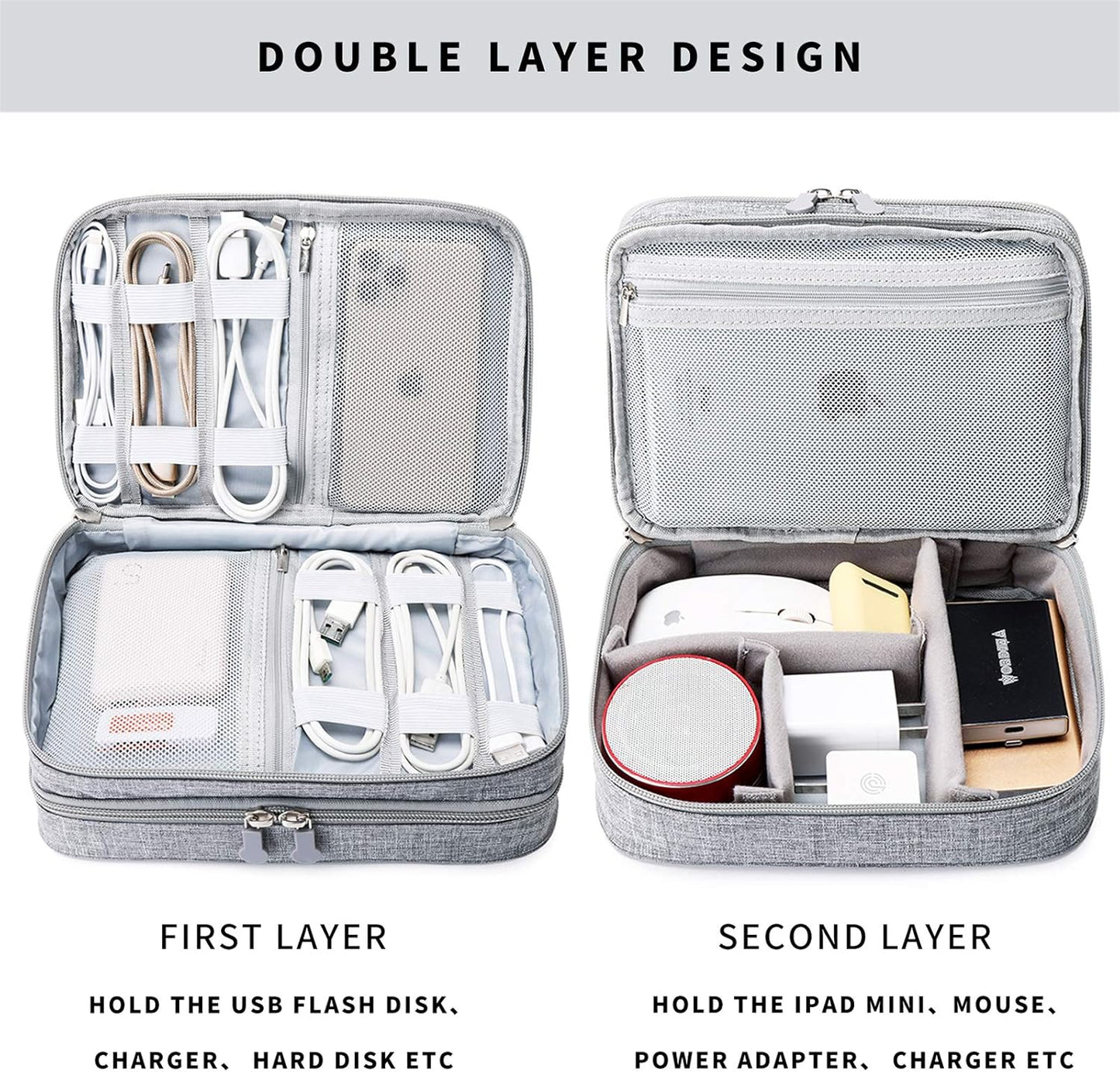 MIRLEWAIY Portable Electronics Accessories Organizer Bag Travel Charger Cable Storage Soft Case Double Layer for Hard Drives, Cord, USB, SD Cards Carrying, Grey