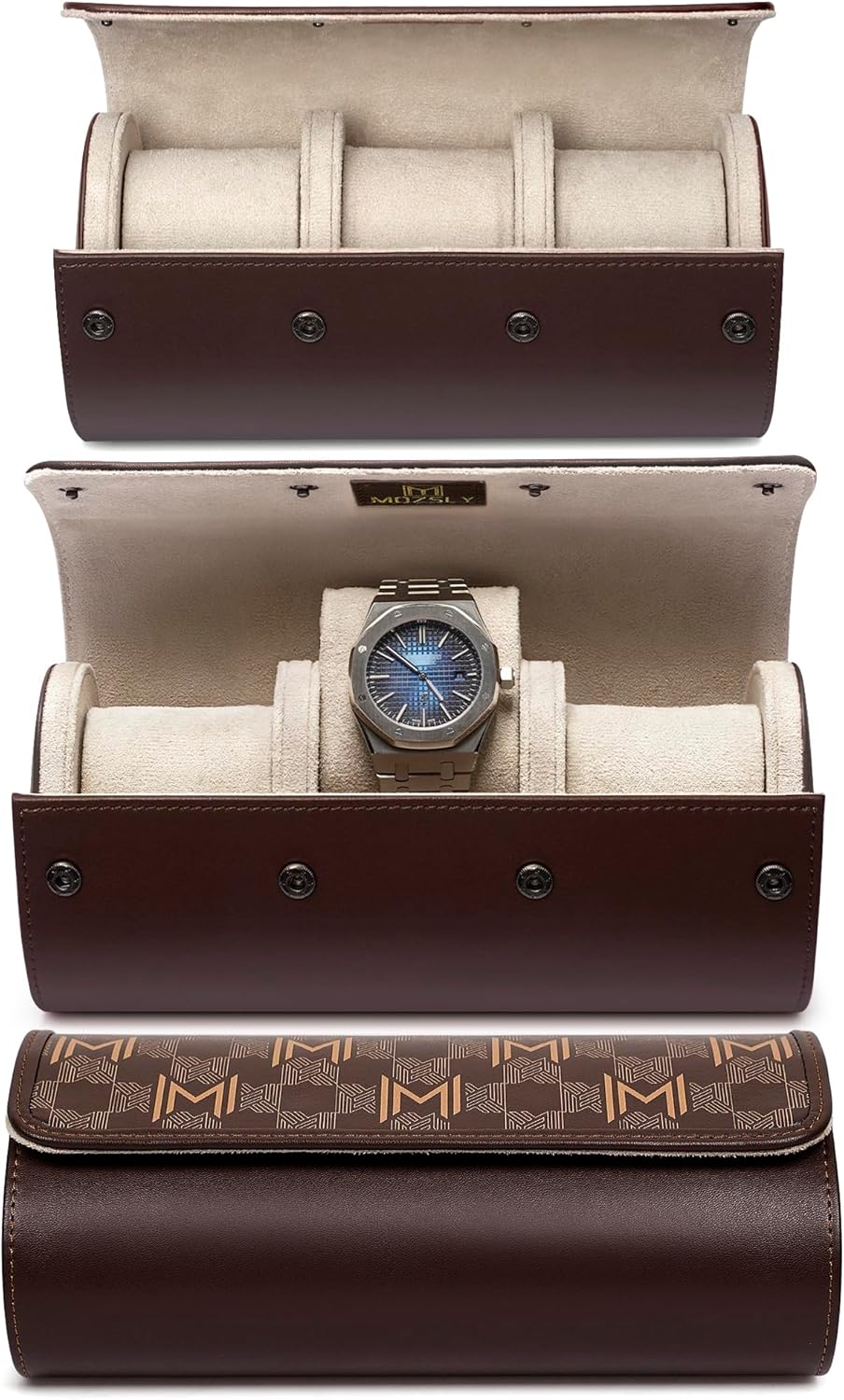MOZSLY Watch Roll Travel Case 3 Slots Portable Watches Box Organizer Storage Holder Pattern PU Leather