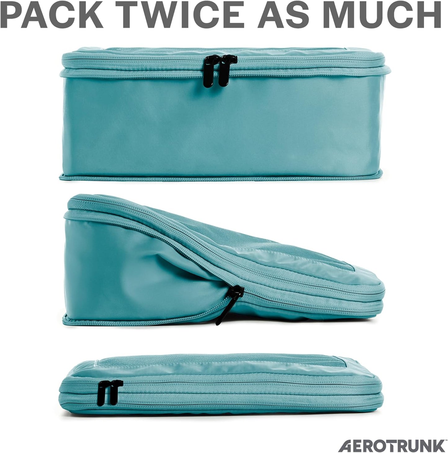 Aerotrunk Compression Packing Cubes for Travel - Luggage Organizer Bags - Double Zipper Packing Cubes for Suitcases (6-Pack, Teal)