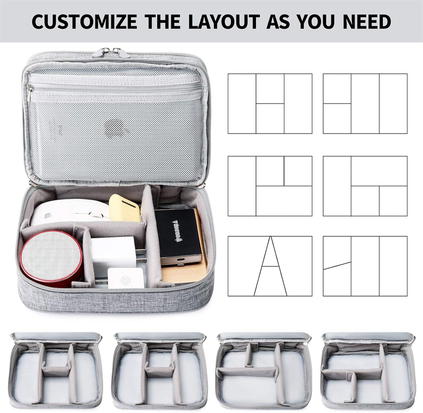 MIRLEWAIY Portable Electronics Accessories Organizer Bag Travel Charger Cable Storage Soft Case Double Layer for Hard Drives, Cord, USB, SD Cards Carrying, Grey