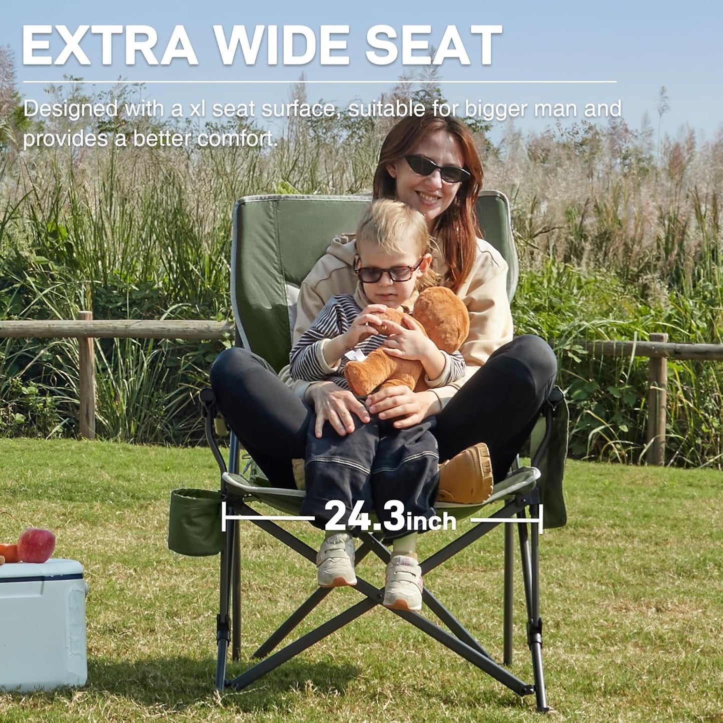 EVER ADVANCED Oversized Folding Camping Chair, for Adults Heavy Duty Lawn Chair with Side Pockets, Portable Collapsible Quad Chair for Outside, Support Up to 500lbs, Green 2Pack