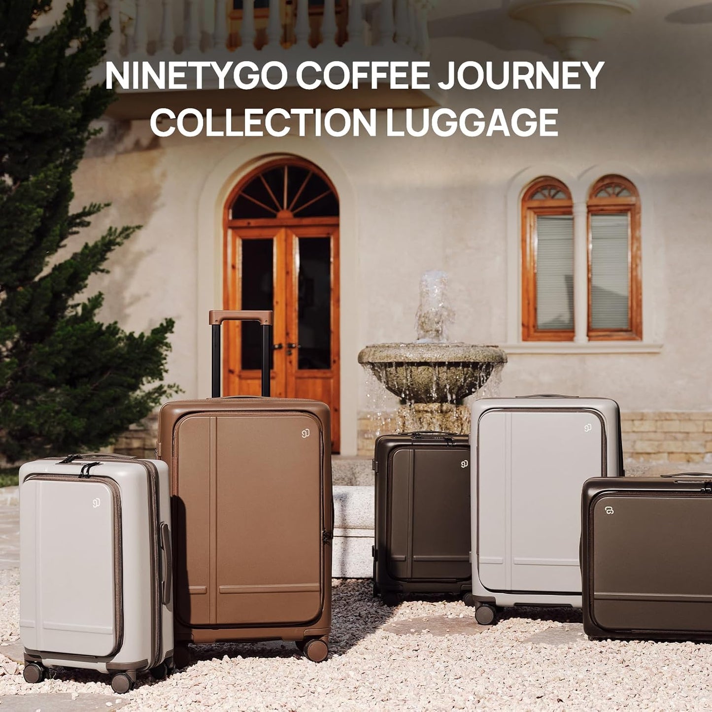 NINETYGO Carry On Luggage 22x14x9 Airline Approved, 20 Inch Suitcase with Front Compartment & Cup Holder, Coffee-Infused PC Hard Shell, Eco-Friendly, TSA Lock, 360° Spinner Wheels (Americaco)