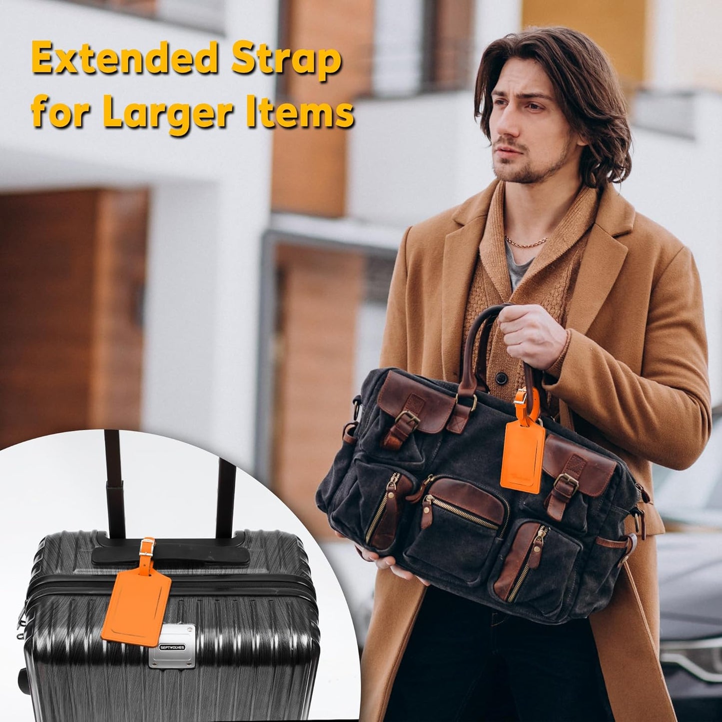 Travelambo Luggage Tags for Suitcases Faux Leather Privacy Protection 2 Pack Bag Tags Travel Accessories Essential, Hot Orange