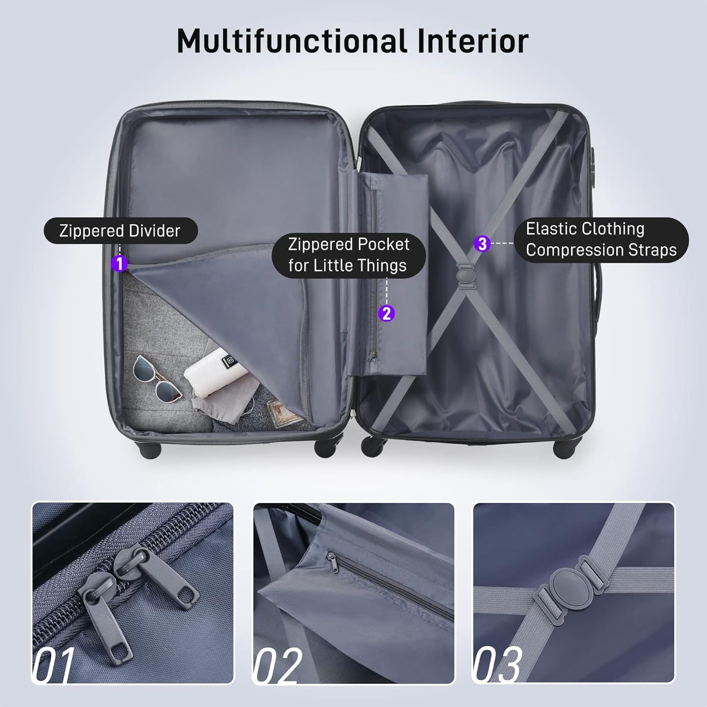 Merax Luggage sets of 13 Piece 16 20 20 28 IN Carry on Luggage Hard Case Purple Luggage Expandable Checked Luggage Suitcase Set with Wheels