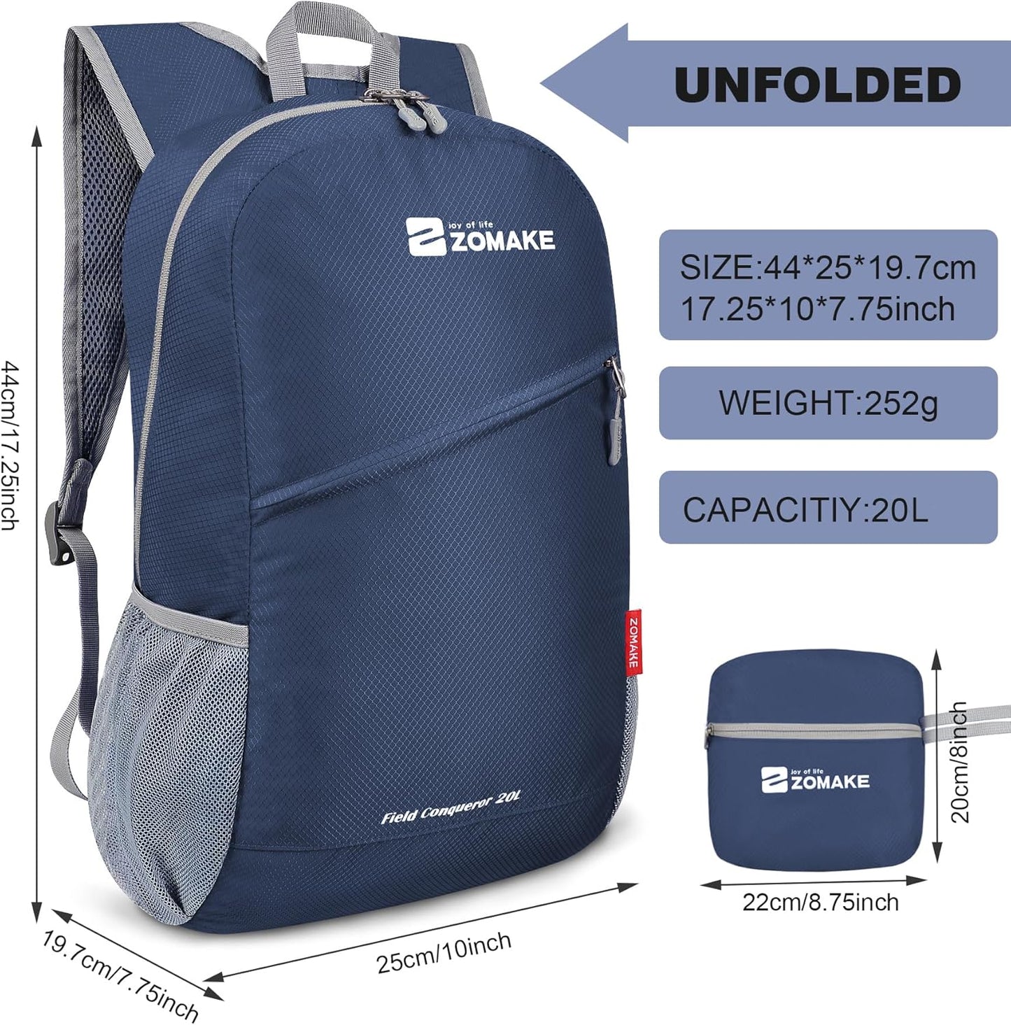 ZOMAKE Lightweight Packable Backpack 20L, Foldable Backpacks Small Daypack for Hiking Water Resistant Day Bag for Travel