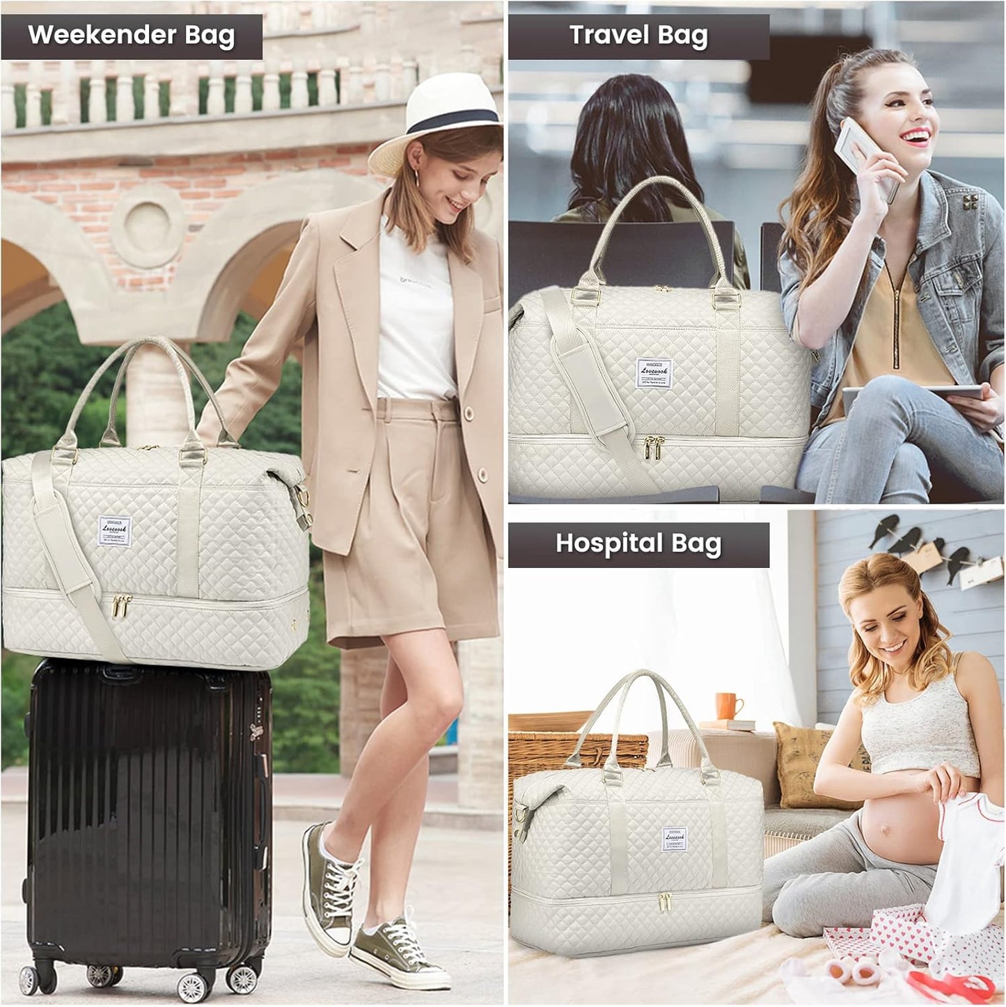 LOVEVOOK Travel Duffle Bag,Weekender Bags for Women with Shoe Compartment，Carry on Overnight Bag with Toiletry Bag,Gym Duffel Bag with Wet Pocket, Hospital Bags for Labor and Delivery