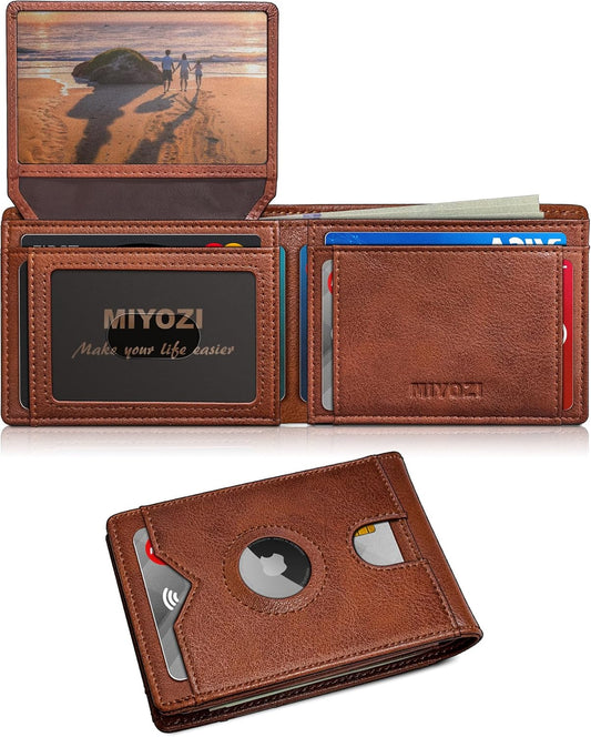 Airtag Wallet for Men,with Cash Pocket 2 ID Window 13 Cards,Slim Leather Wallet Front Pocket Card Holder RFID Blocking with Gift Box