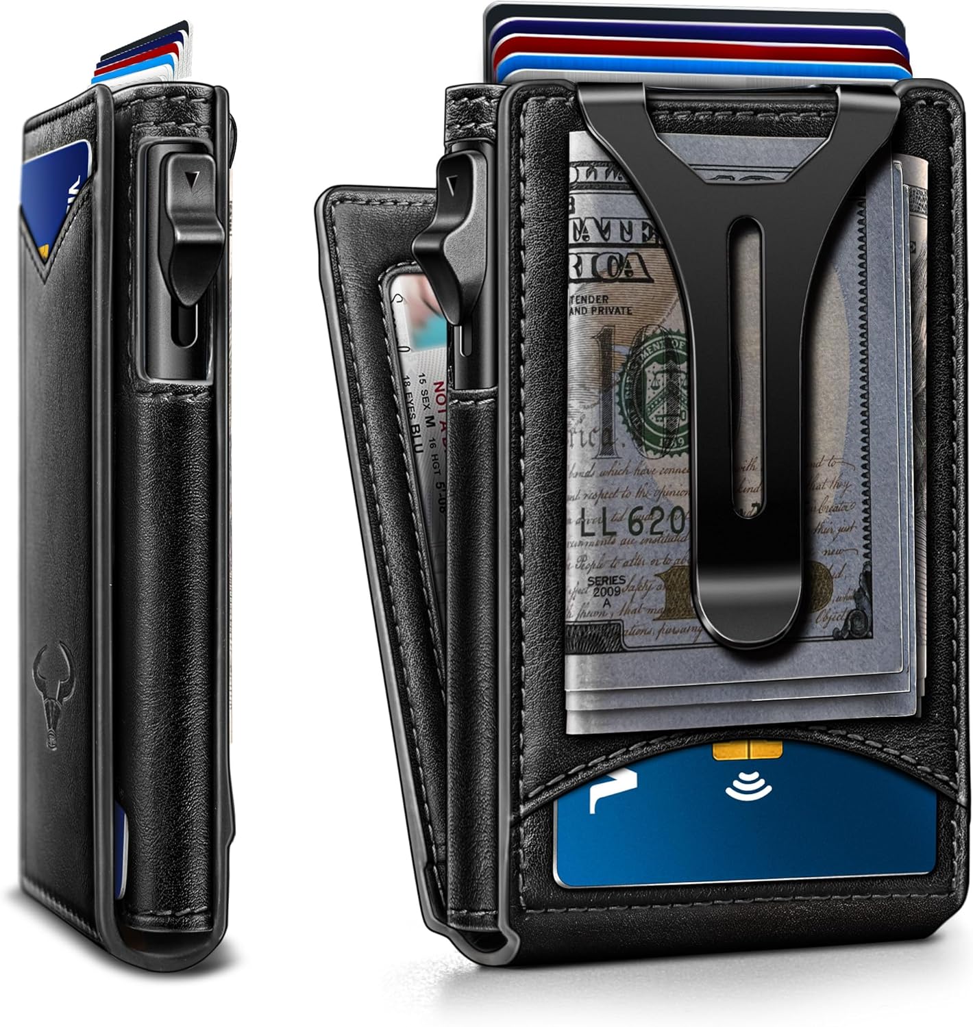 BULLIANT Men Wallet,Money Clip Wallet Slim For Gift Men 9Cards-Metal Credit Card Case in Magnetic Leather Flip