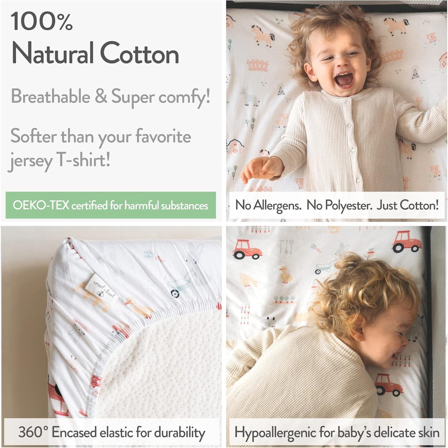 Pack and Play Sheets Fitted – Compatible with Graco Pack n Play Playard Crib and Other 27 x 39 Inch Playpen Mattress – Snuggly Soft 100% Jersey Cotton – Farm Animals – 2 Pack