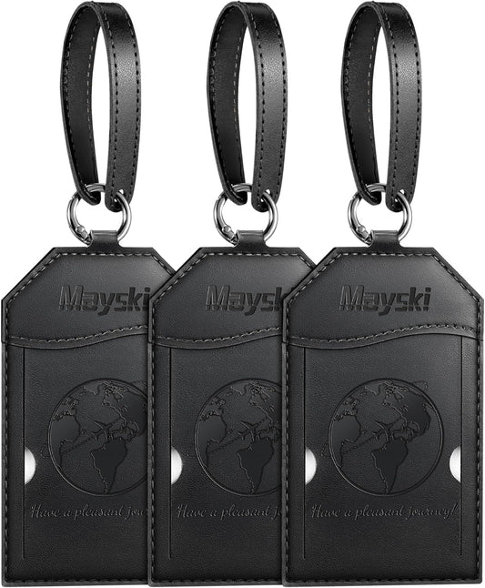 Mayski Luggage Tags for Suitcases 3 Pack Suitcase Bag Tags, TSA Approved, Metal Buckle, Bag Tags with Name ID Card Travel Essentials, Black Global