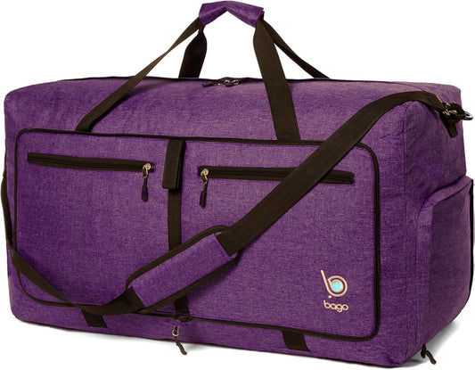 Bago Large Foldable Duffel Bags for Traveling Women & Men - 80L Packable Duffle Bag for Travel with Shoe Compartment - Water Repellant, Heavy Duty, Lightweight Folding & Collapsible (SnowDepPurple)