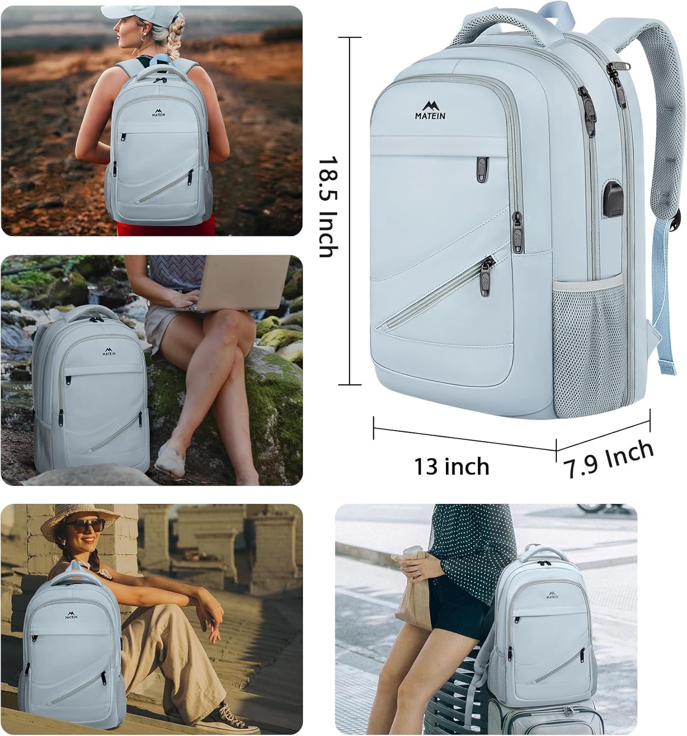 MATEIN Laptop Backpack 17 Inch, Womens Large Work Commute Backpack with USB Charging Port, Water Resistant Anti Theft Computer Bag for Students, Travel Daypack with Luggage Strap, Haze Blue